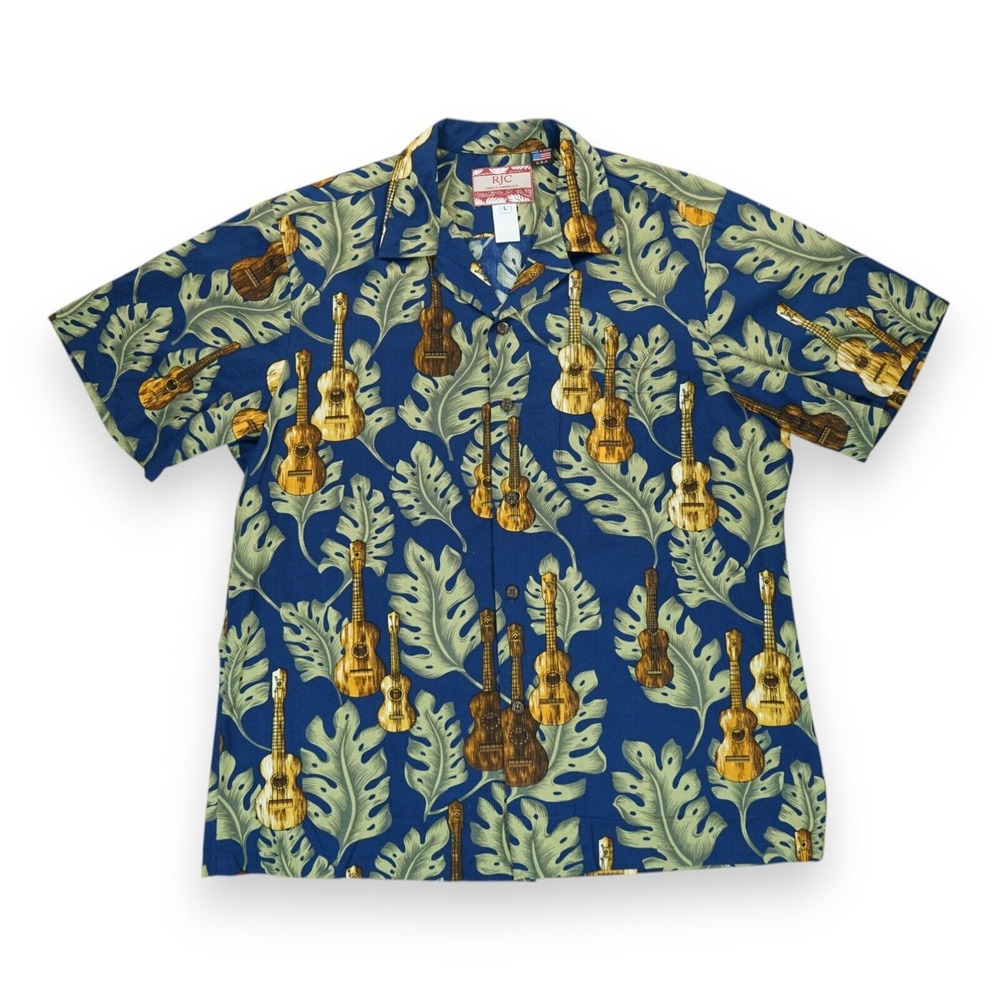 Vintage RJC Shirt Mens Size L Black Floral‎ Print Hawaiin Guitars Surfboards